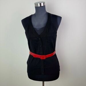 bebe Vintage Black Plaid Multicolor Sleeveless Belted Blouse with Red Belt